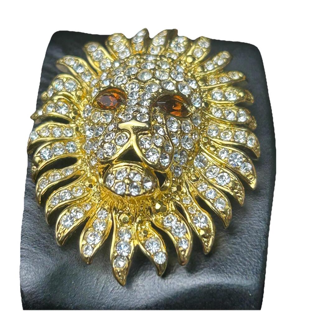 Vintage KJL Kenneth J Lane Gold Plated Pave Rhinestone Lion Pin Jewelry Pendant